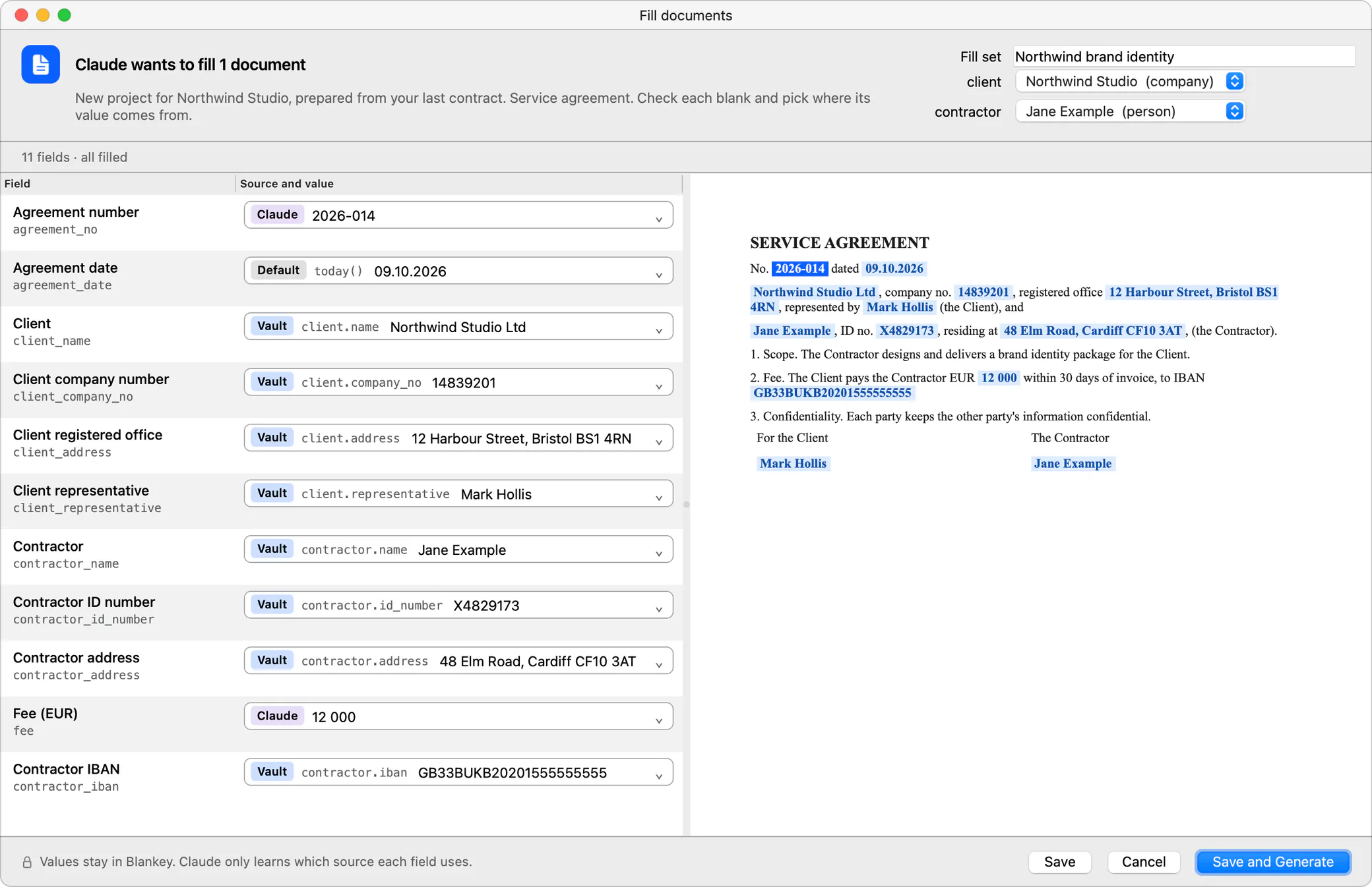 Blankey fill dialog: every blank with its source and value, waiting for approval