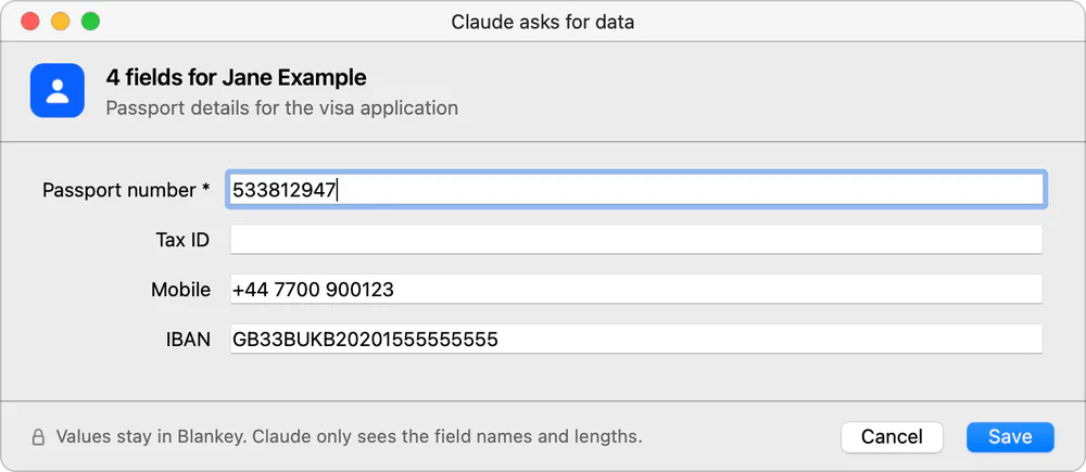 Claude asks for missing data; you type it in
